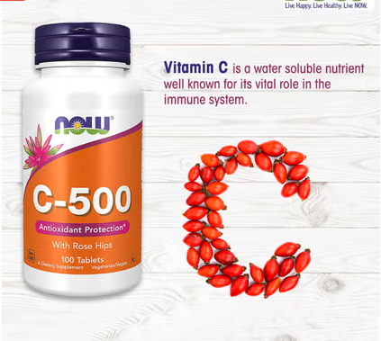 Now C-500 Vitamin C With Rose Hips Tablets For Antioxidant Support, Pack of 100's