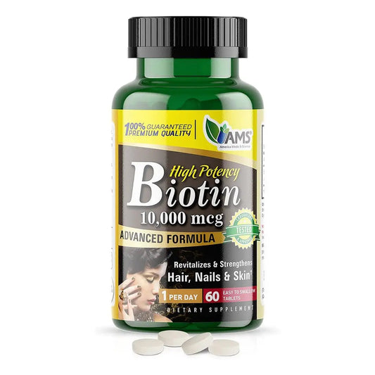AMS Biotin 10,000 mcg Tablet, Vitamin Supplement For Hair, Skin And Nails, Pack of 60's AMS