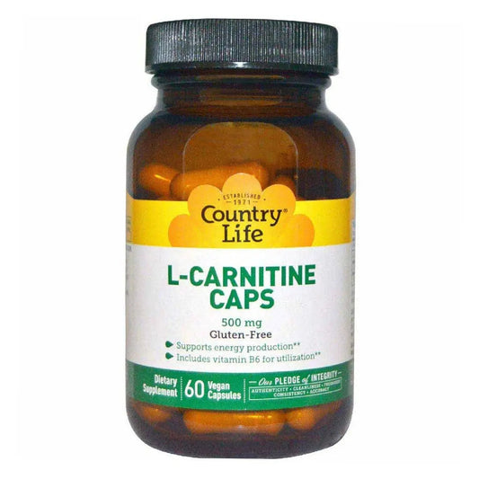 Country Life L-Carnitine 500 mg Vegan Capsule Supplement For Energy Support, Pack of 60's Country Life