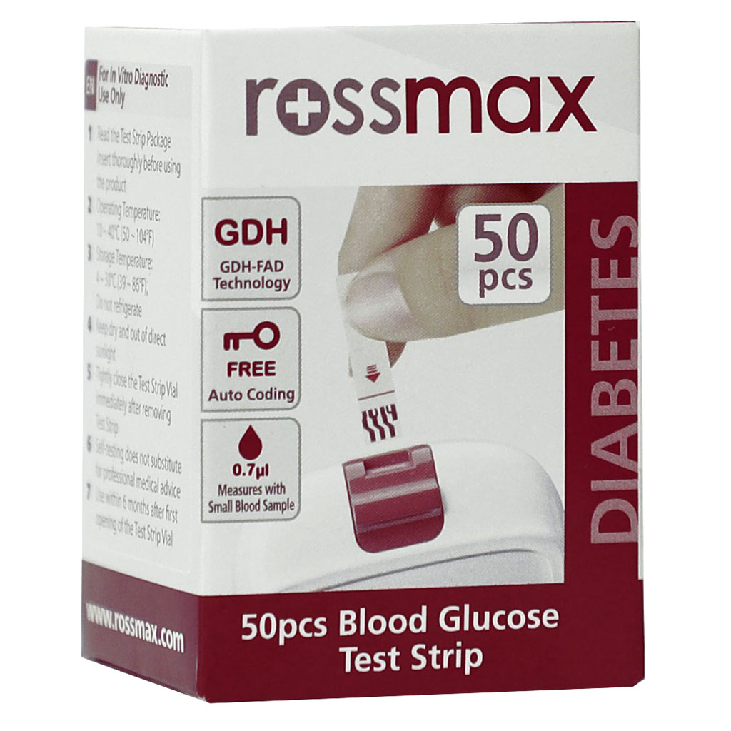 شرائط اختبار سكر الدم Rossmax HS200 للتحكم في مرض السكري، عبوة من 50 شريطًا