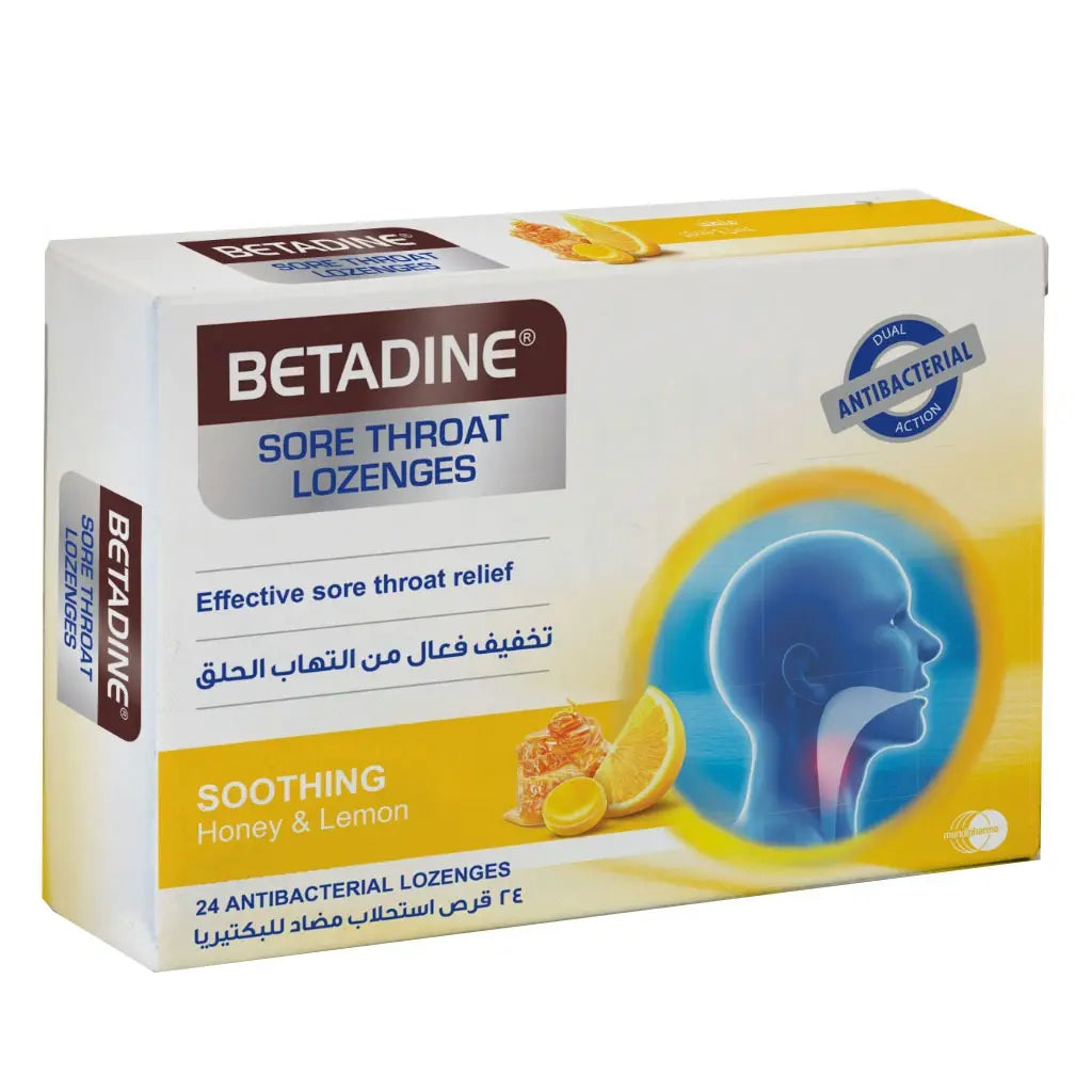 Betadine Sore Throat Antibacterial Lozenges With Soothing Honey & Lemon, Pack of 24's Betadine