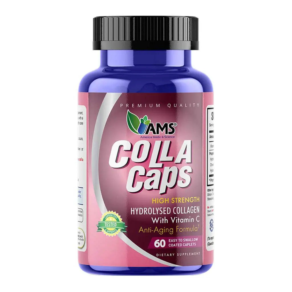 AMS Colla Caps Anti-Aging Caplets With High Strength Hydrolysed Collagen & Vitamin C, Pack of 60's AMS